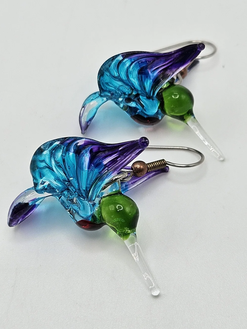 Colorful Glass Hummingbird Dangle Earrings French Wire Purple and Blue